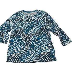 Fresh Women's sz XL Animal Print Tunic Top Blue & White 95% Cotton 3/4 Sleeve